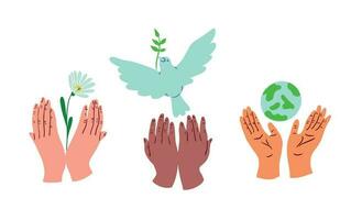 Hände von anders Menschen halten Frieden Taube, Blume und Planet.Vektor Illustration vektor