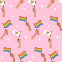 lgbt nahtlos Muster. verschiedene Hand halten Regenbogen gestreift Flagge isoliert auf Rosa Hintergrund. Hand gezeichnet Oberfläche Design. eben Vektor Illustration.