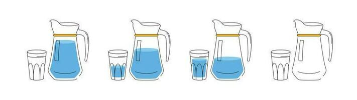 Wasser Balance Konzept. das Prozess von Trinken Wasser. einstellen von 4 Bilder. ein Krug und ein Glas von Wasser. das Konzept von Trinken genug Wasser während das Tag. Illustration im ein eben Stil. vektor