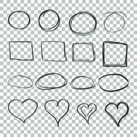 Hand gezeichnet Kreise, Quadrate und Herzen Symbol Satz. Sammlung von Bleistift skizzieren Symbole. Vektor Illustration auf isoliert Hintergrund.
