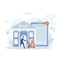 affärsman rullar en vagn med pengar från de Bank, godkänd lån begrepp, platt vektor modern illustration