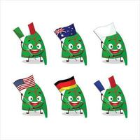 Grün Streifen Elf Hut Karikatur Charakter bringen das Flaggen von verschiedene Länder vektor