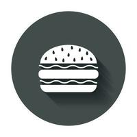 Burger schnell Essen eben Vektor Symbol. Hamburger Symbol Logo Illustration auf schwarz runden Hintergrund mit lange Schatten.