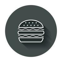 burger snabb mat platt vektor ikon. hamburgare symbol logotyp illustration på svart runda bakgrund med lång skugga.