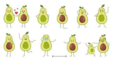 Satz süßer Avocado-Charaktere mit Emotionen isoliert auf weißem Hintergrund. die lustigen oder traurigen Helden, grünes Obst und Gemüse haben Spiel, verlieben sich, halten Abstand vektor