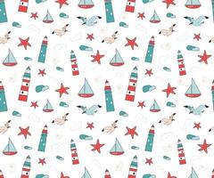 sommar marina sömlösa mönster med fyrar, måsar, sjöstjärnor, fartyg och skal i rött och blått. invånarna i havet. lämplig för omslagspapper, brevpapper, barnkläder och textilier vektor