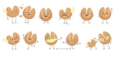 söta karaktärer kinesiska förmögenhetkakor med känslor, ansikten, händer och fötter. glada eller sorgliga karaktärer, bakverk med vita mallar, lycka till papper. festliga sötsaker vektor