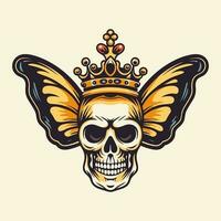 skalle med fjäril vingar och krona illustration hand dragen logotyp design vektor