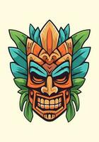 hölzern Tiki Maske Stammes- Hand gezeichnet Logo Design Illustration vektor