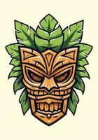 hölzern Tiki Maske Stammes- Hand gezeichnet Logo Design Illustration vektor