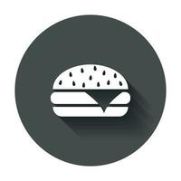 Burger schnell Essen eben Vektor Symbol. Hamburger Symbol Logo Illustration auf schwarz runden Hintergrund mit lange Schatten.