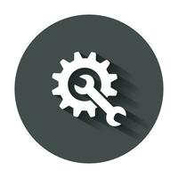 service verktyg platt vektor ikon. kugghjul med rycka symbol logotyp illustration på svart runda bakgrund med lång skugga.