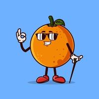 süßer orangefarbener Fruchtcharakter mit Augenglas und ok Handbewegung Obst Charakter Symbol Konzept isoliert. flacher Cartoon-Stil