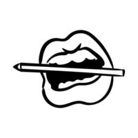 sexi mun och tänder biter en penna popkonst linje stilikon vektor