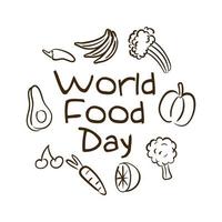 World Food Day Feier Schriftzug mit Obst und Gemüse Linienstil vektor