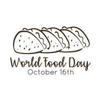 World Food Day Feier Schriftzug mit Tacos mexikanischen Linienstil vektor