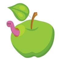 Grün Apfel mit ein lächelnd Wurm. Vektor Illustration im Karikatur Stil isoliert auf ein Weiß Hintergrund.