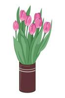Rosa Hand gezeichnet eben Tulpen Strauß im Keramik Vase auf Weiß Hintergrund. Blumen- Vektor isoliert Illustration. Botanik Komposition zum Gruß Karte, Einladung, Hintergrund oder Banner.