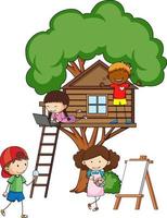 Baumhaus mit vielen Kindern, die verschiedene Aktivitäten ausführen vektor