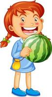 glückliche Mädchenkarikaturfigur, die eine Wassermelone hält vektor