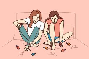 två flickor måla naglar Sammanträde på säng och håller på med pedikyr innan gående till strand eller fest. kvinnor vänner måla tånaglar med lack av annorlunda färger, önskar till vara skön och elegant. vektor