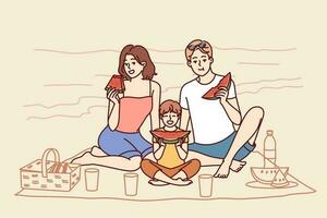 familj Sammanträde på stranden, äter vattenmelon och avkopplande på solig strand i varm sommar väder. ung familj av pojke och föräldrar hade picknick på tropisk ö under resa till tillflykt vektor