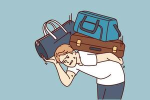 missnöjd man med tung resväskor är rör på sig eller flyttar till ny stad. kille i tillfällig kläder böjer sig över sätta resväskor på tillbaka och utseende på skärm i behöver av hjälp från lastare vektor