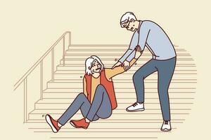 Alten Mann hilft gefallen alt Frau oben während absteigend Straße Treppe. grau haarig Pflege Großvater bietet zuerst Hilfe zu Oma Wer hat gefallen auf gehen und absteigend Treppe vektor