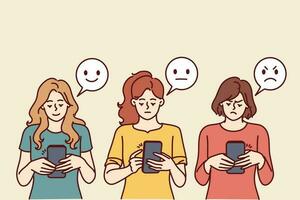 Frauen mit Telefone in der Nähe von Emoji mit anders Gesichts- Ausdrücke zum Internet Feedback Konzept. Mädchen mit Smartphones verlassen positiv oder Negativ Feedback im Handy, Mobiltelefon Anwendung oder Unternehmen Webseite vektor