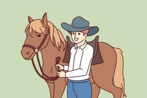 cowboy pojke är stående Nästa till häst omtänksam för hingst och önskar till bli professionell jockey och lopp. skol bär texas ranger hatt nära häst för rida eller konkurrens på tävlingsbana vektor