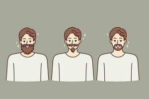män med annorlunda stil mustascher och skägg för reklam hipster frisör eller skönhet salong. hipster Pojkar leende som visar av ungdomlig frisyr och trendig skägg tillverkad i frisör vektor