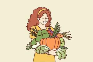 kvinna med grönsaker i händer gläds Bra skörda eller gynnsam priser för mat på jordbrukare marknadsföra. vegetarian flicka innehav organisk grönsaker för framställning friska soppor och gott salter. vektor