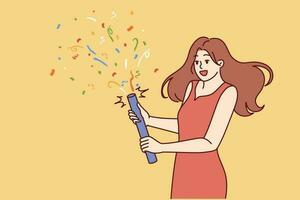 kvinna lanserar konfetti under födelsedag eller universitet gradering fest. flicka i skön kväll klänning innehar smällare med konfetti, önskar till heja på vänner samlade in på festlig disko vektor