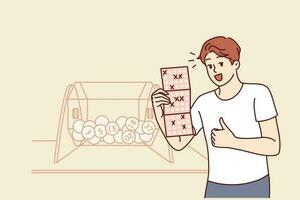 Mann gewonnen Bingo Lotterie glücklich demonstriert gewinnen Fahrkarte und steht in der Nähe von transparent Box mit Bälle. Kasino Gewinner Jackpot Gewinner zeigen Daumen oben Gefühl froh im Erwartung von groß Kasse Preis- vektor