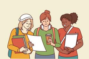 multiethnisch Hochschule Mädchen halten Bücher und Papiere einverstanden zu Studie zusammen zum Prüfungen. multiethnisch weiblich Schüler chatten Vor beginnend Klassen beim Universität diskutieren außerhalb des Lehrplans Arbeit vektor