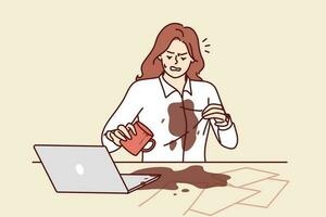 kvinna spillts kaffe på skjorta håller på med kontor arbete och Sammanträde på tabell med bärbara datorer och dokument. klumpig flicka spillts varm dryck på tabell på grund av till slarv eller trötthet efter lång arbete vektor