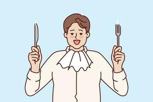 fett man med servett runt om nacke innehar gaffel och kniv och förbereder för hjärtlig middag och äter. rolig hungrig kille gläds på möjlighet till äta mat för begrepp av överätande och stridande fetma vektor