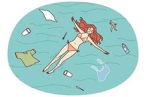 traurig Frau Schwimmen im verschmutzt Ozean Wasser. unzufrieden Mädchen betrübt mit Natur Umgebung Verschmutzung. Konzept von Ökologie Probleme. eben Vektor Illustration.