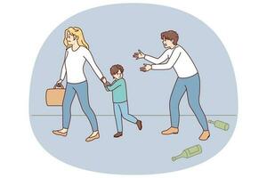 kvinna ta barn lämna alkoholhaltig Make. fru med små unge gå bort från Beroende far. alkohol missbruk och familj äktenskapsskillnad. vektor illustration.