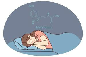 lugna kvinna sovande i säng har melatonin hormon produceras. Lycklig flicka sovande på Hem, njuter fredlig tupplur eller dröm. friska sovande och vetenskap. vektor illustration.