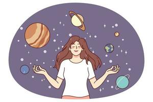 Ruhe glücklich Mädchen meditieren umgeben durch Planeten. jung Frau genießen Meditation träumend oder visualisieren. Kosmos und Universum. Astronomie Konzept. eben Vektor Illustration.