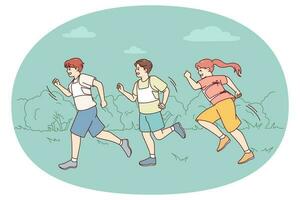 glücklich Kinder Laufen draußen auf Marathon. lächelnd Kinder Joggen teilnehmen im Lauf Wettbewerb. Sport Herausforderung Konzept. Vektor Illustration.