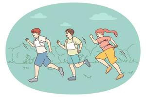Lycklig barn löpning utomhus på maraton. leende barn jogga delta i springa konkurrens. sport utmaning begrepp. vektor illustration.