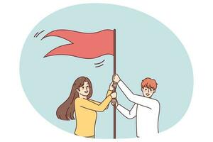 lächelnd Angestellte stellen Flagge wie Symbol von geteilt Tor Leistung und Erfolg. glücklich Mann und Frau erreichen Geschäft Ziel oder Ziel. Leistung Konzept. Vektor Illustration.