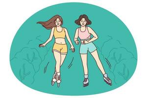 glücklich Mädchen im Sommer- tragen Reiten im Park auf Rollen. lächelnd Frauen Walze Skater haben Spaß entspannen draußen. eben Vektor Illustration.
