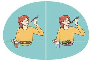 Mädchen Essen gesund und ungesund Lebensmittel. Kind Emotionen mit ernährungsphysiologisch Mahlzeit oder Fastfood. Kinder Essen und Ernährung Probleme. Vektor Illustration.