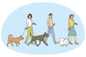 människor med hundar på kopplingar gående på hund tävling. sällskapsdjur ägare med inhemsk djur på konkurrens. vektor illustration.