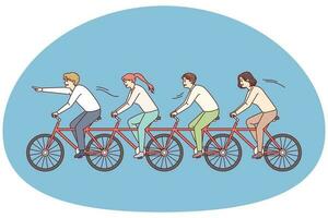 Menschen Reiten einer Fahrrad zusammen. Geschäft Mannschaft auf Fahrrad beschäftigt, verlobt im Zusammenarbeit. Teambildung und Einheit im Büro. Vektor Illustration.