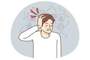 ohälsosam man lida från huvudvärk eller migrän. sjuk kille kamp med yrsel eller suddigt syn. hälsa problem. vektor illustration.