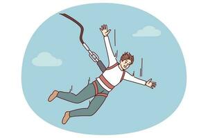 aufgeregt jung Mann Springen mit Fallschirm. lächelnd Kerl genießen extrem Sport mit Seil Springen. Vektor Illustration.